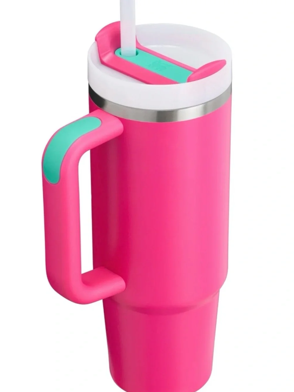 Stanley Hot Pink Travel Tumbler with White Lid and Turquoise Logo - Picture 2 of 6